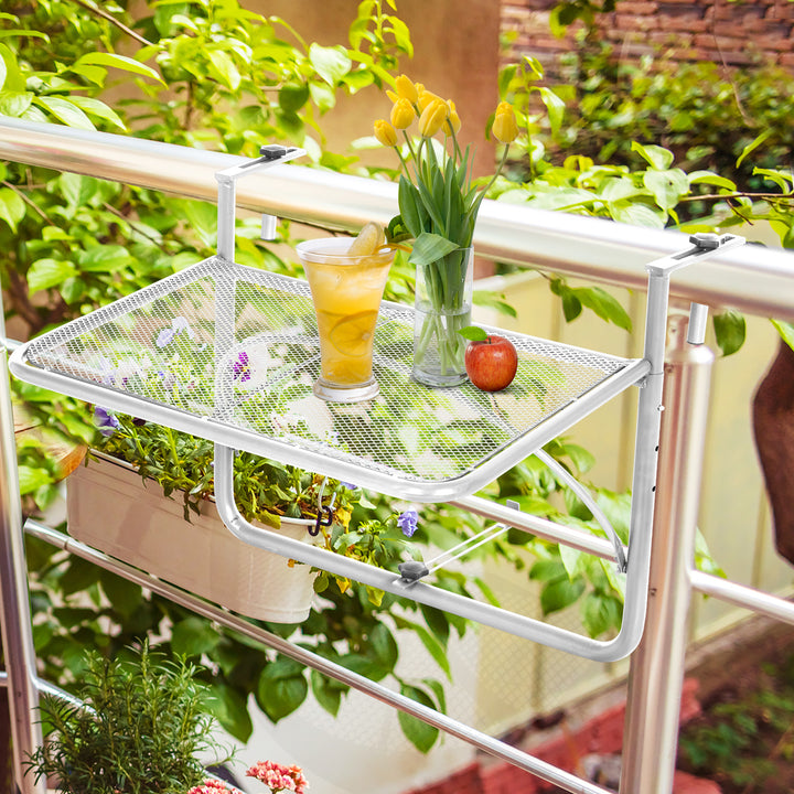 Mesa Suspensa para Varanda com Braço Regulável e Altura Ajustável em 3 Posições Estrutura de Metal Carga Máxima 30 kg 60x56,5x45 cm Branco
