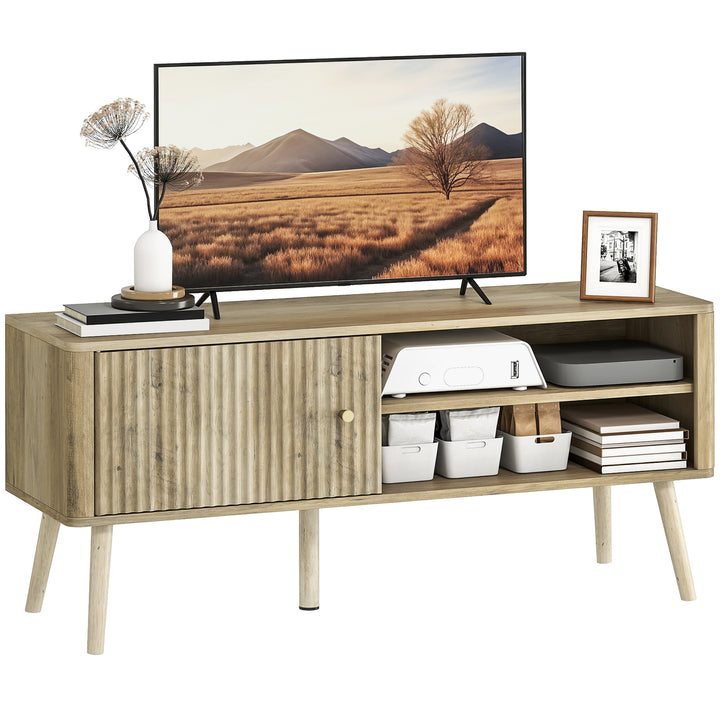 Móvel de TV Mesa de TV Móvel para Televisão até 55 Polegadas com Porta Acanalada Prateleira Ajustável Compartimentos Abertos e Orifício para Cabos para Sala de Estar 115x35x49 cm Carvalho