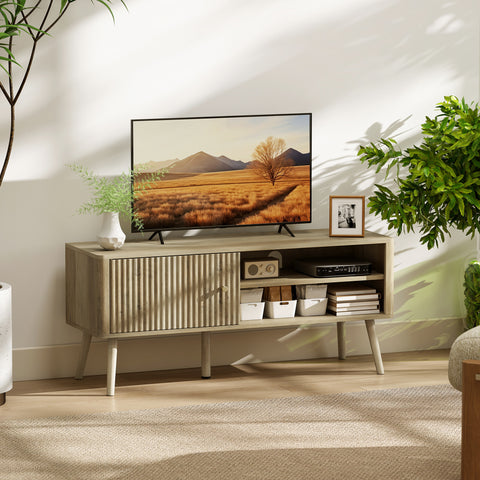 Móvel de TV Mesa de TV Móvel para Televisão até 55 Polegadas com Porta Acanalada Prateleira Ajustável Compartimentos Abertos e Orifício para Cabos para Sala de Estar 115x35x49 cm Carvalho
