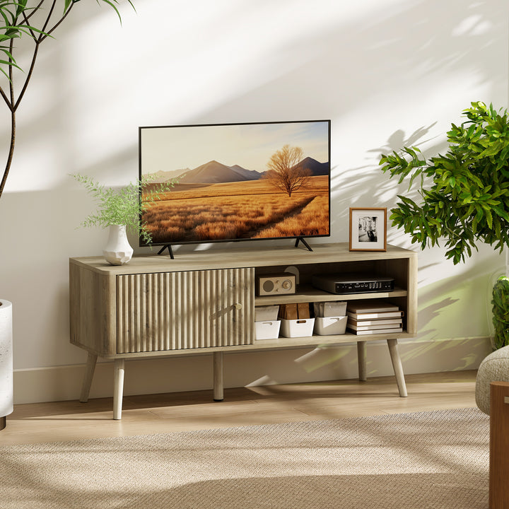 Móvel de TV Mesa de TV Móvel para Televisão até 55 Polegadas com Porta Acanalada Prateleira Ajustável Compartimentos Abertos e Orifício para Cabos para Sala de Estar 115x35x49 cm Carvalho