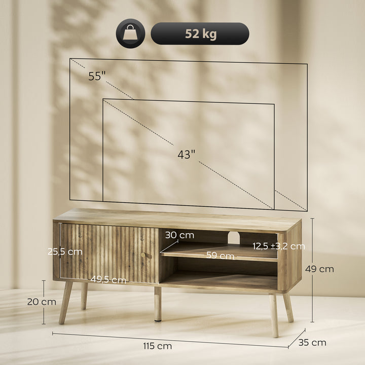Móvel de TV Mesa de TV Móvel para Televisão até 55 Polegadas com Porta Acanalada Prateleira Ajustável Compartimentos Abertos e Orifício para Cabos para Sala de Estar 115x35x49 cm Carvalho
