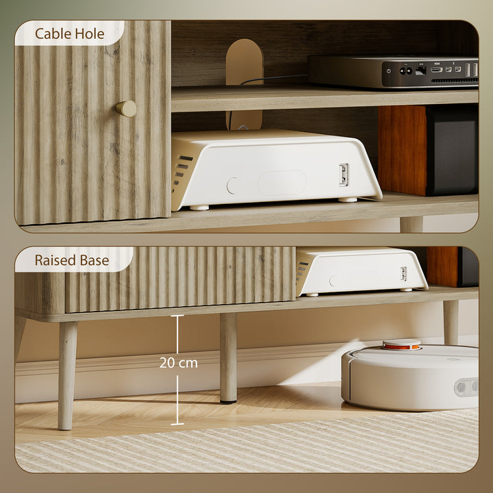 Móvel de TV Mesa de TV Móvel para Televisão até 55 Polegadas com Porta Acanalada Prateleira Ajustável Compartimentos Abertos e Orifício para Cabos para Sala de Estar 115x35x49 cm Carvalho