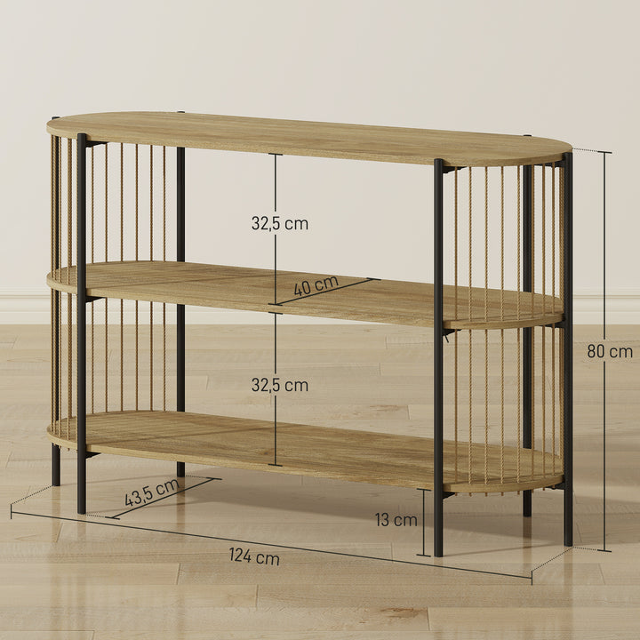 Mesa Consola com Corda de Papel Trançada à Mão Consola de Entrada de 3 Níveis com Estrutura de Aço Estilo Boémio para Entrada Sala de Estar 124x43,5x80 cm Madeira