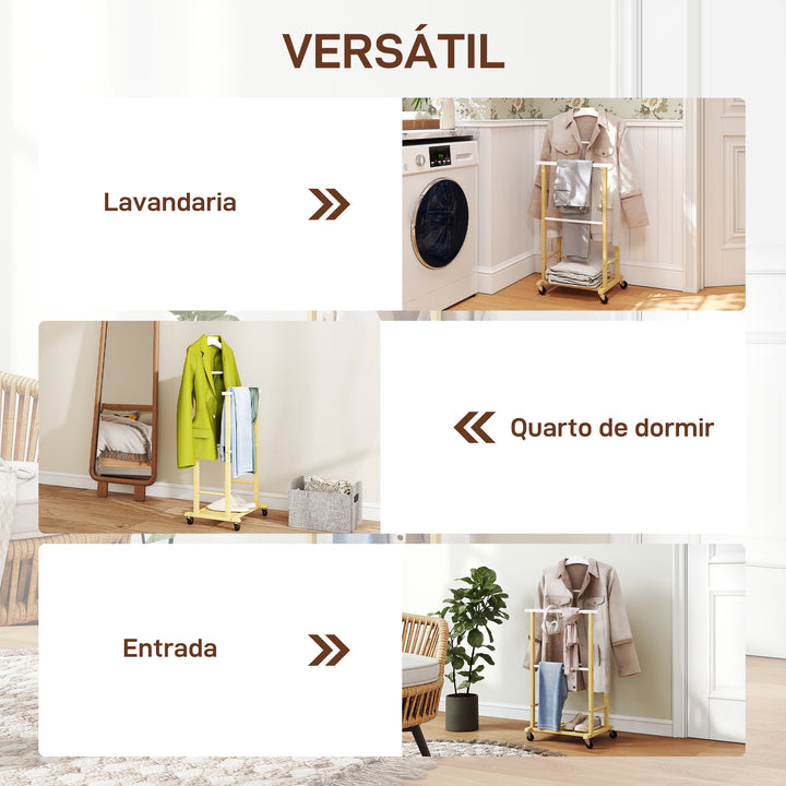 Cabide de Pé de Bambu com Rodas Cabide para Roupas com Barras para Calças e Prateleira Inferior para Sapatos Estilo Nórdico para Quarto 47x33,7x105,5 cm Madeira e Branco