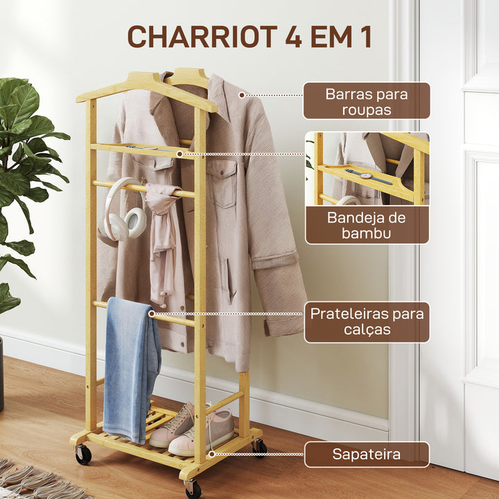 Cabide de Pé de Bambu com Rodas Cabide para Roupas com Barras para Calças e Prateleira Inferior para Sapatos Estilo Nórdico para Quarto 47x33,7x105,5 cm Madeira e Branco