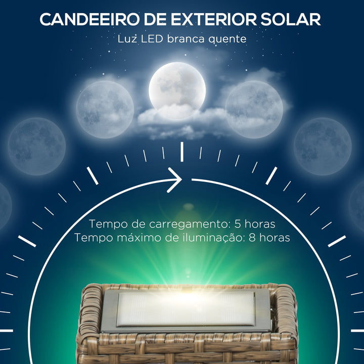 Candeeiro de Jardim de Vime Sintético Candeeiro Solar de Exterior com Luzes LED Ligar/Desligar Automático para Varanda Pátio 15,5x15,5x69cm Marrom Areia