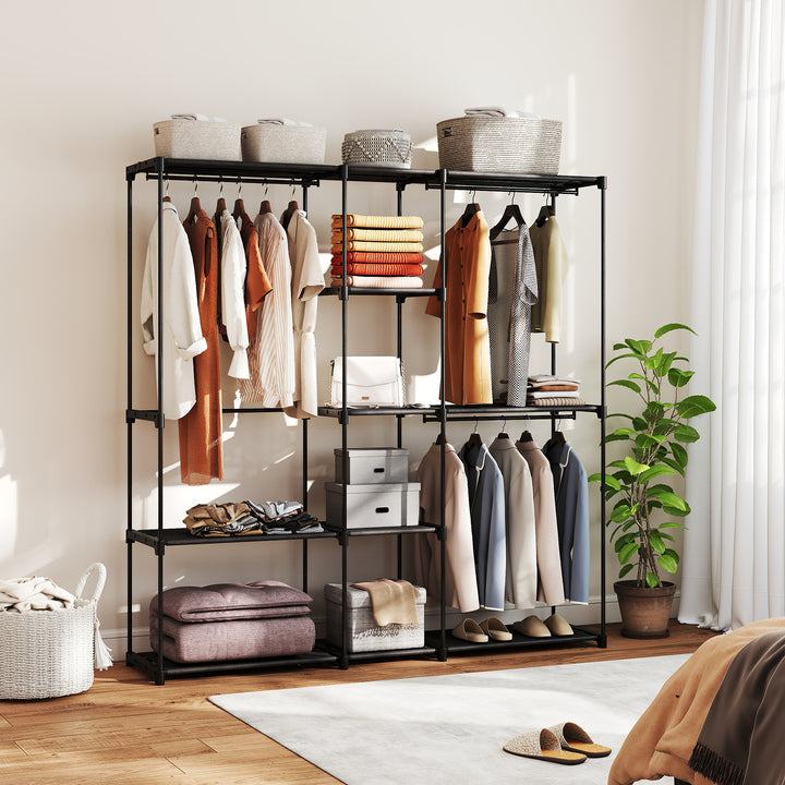 Armário para Roupas 182x43x185 cm Armário Aberto com 8 Prateleiras de Tecido Barras para Pendurar Estrutura de Metal para Quarto Sala Vestiário Preto