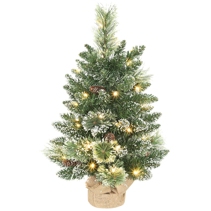 Árvore de Natal com 35 Luzes LED 60 cm Mini Árvore de Natal Artificial com 64 Ramos com Neve Pinha, Bagas e Base de Saco de Juta Decoração de Natal de Mesa para Casa Escritório Verde