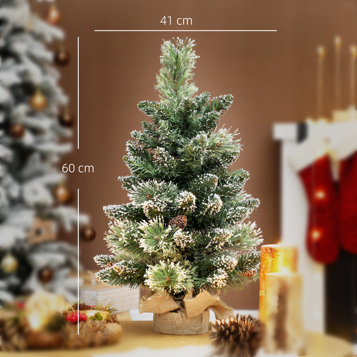 Árvore de Natal com 35 Luzes LED 60 cm Mini Árvore de Natal Artificial com 64 Ramos com Neve Pinha, Bagas e Base de Saco de Juta Decoração de Natal de Mesa para Casa Escritório Verde
