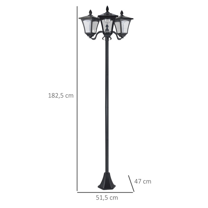 Candeeiro Solar de Jardim com 3 Luzes LED Impermeável IP44 Sensor de Noite Candeeiro de Exterior para Terraço Pátio Aço Inoxidável 51,5x47x182,5cm Preto