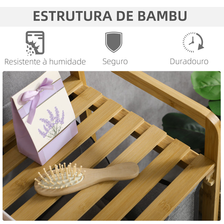 Cesto de Roupa de Bambu Cesto de Roupa Suja para Lavandaria com 2 Bolsas Amovíveis e Prateleira para Dormitório Casa de Banho Lavandaria 63,5x33x73 cm Madeira e Cinza