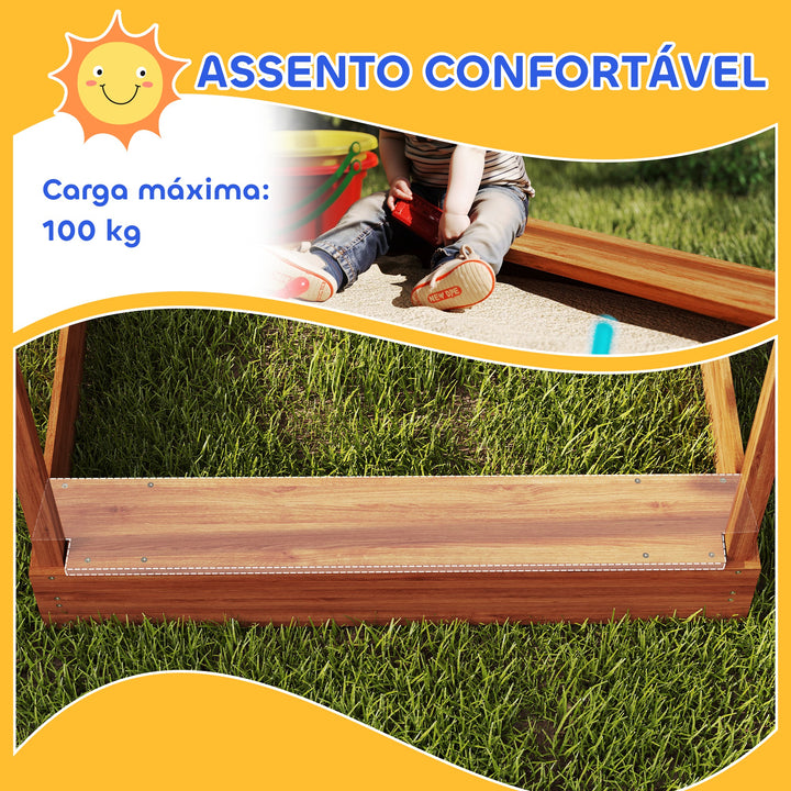 Caixa de Areia para Crianças de Madeira em Forma de Casa com 2 Assentos Toldo 6 Bandeirolas 2 Bandejas Removíveis Torneira e Quadro para Jardim 124x116x146 cm Madeira