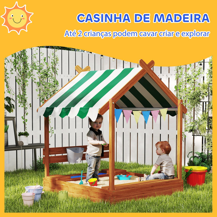Caixa de Areia para Crianças de Madeira em Forma de Casa com 2 Assentos Toldo 6 Bandeirolas 2 Bandejas Removíveis Torneira e Quadro para Jardim 124x116x146 cm Madeira