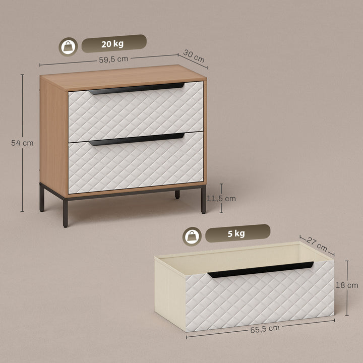 Cómoda com 2 Gavetas de Tecido Cómoda para Quarto Frentes com Padrão de Diamante Móvel de Arrumação para Sala de Estar Escritório Closet 59,5x30x54 cm Madeira e Branco