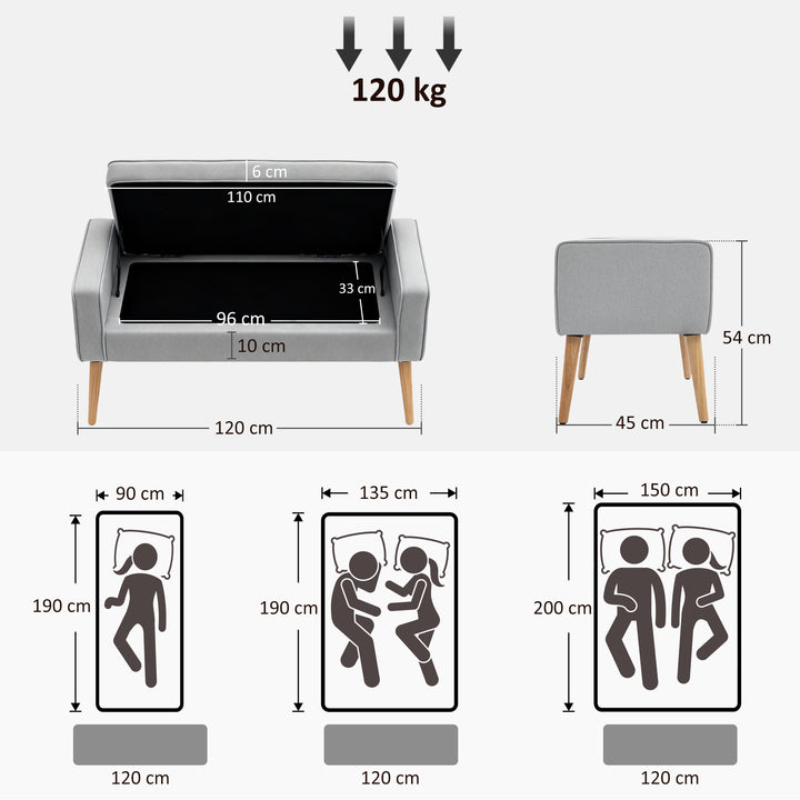 Banco de Armazenamento Baú de Armazenamento Estofado em Linho com Tampa Abatível e Pés de Madeira para Dormitório Sala de Estar Entrada Carga 120kg 120x45x54 cm Cinza Claro