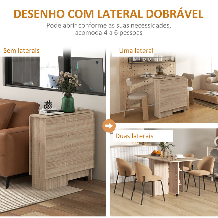 Mesa de Sala de Jantar Dobrável Mesa de Madeira com 2 Prateleiras de Armazenamento e Rodas para Cozinha 75x140x74 cm Madeira