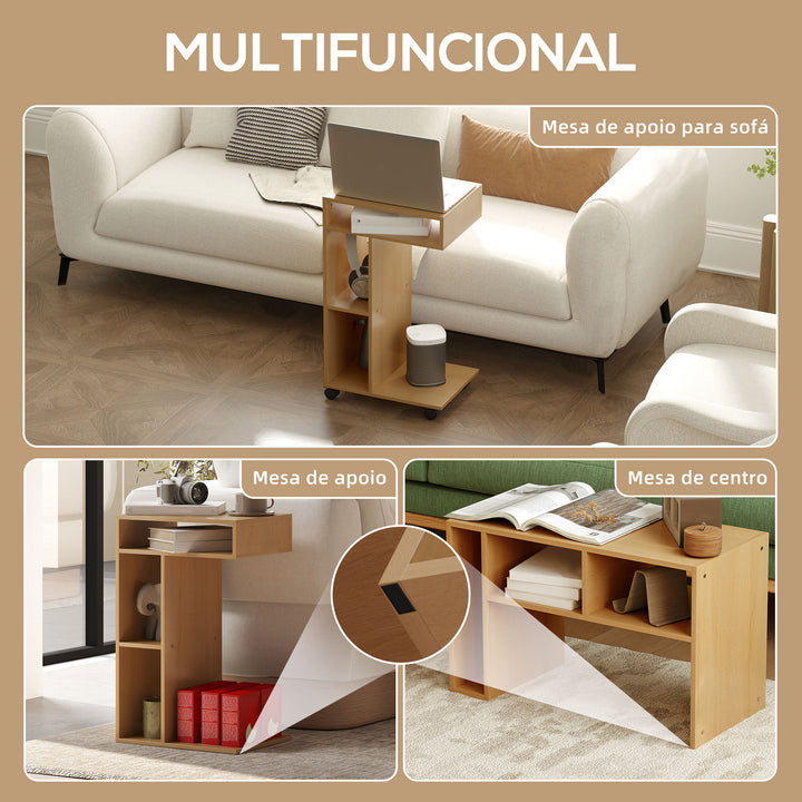 Mesa Auxiliar em Forma de C Mesa Auxiliar para Sofá com Rodas Compartimentos Abertos Mesa Lateral para Sala de Estar Dormitório 40x30x69 cm Madeira
