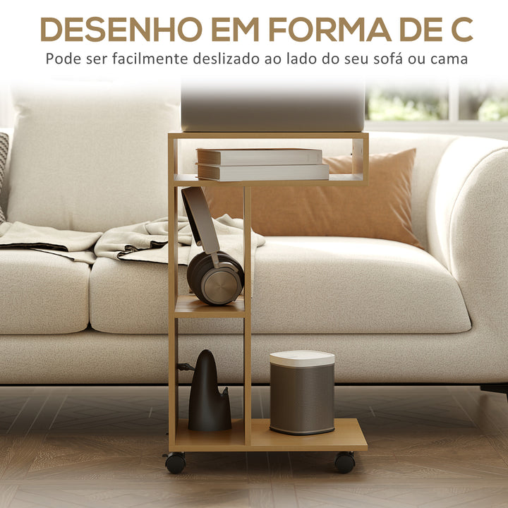 Mesa Auxiliar em Forma de C Mesa Auxiliar para Sofá com Rodas Compartimentos Abertos Mesa Lateral para Sala de Estar Dormitório 40x30x69 cm Madeira