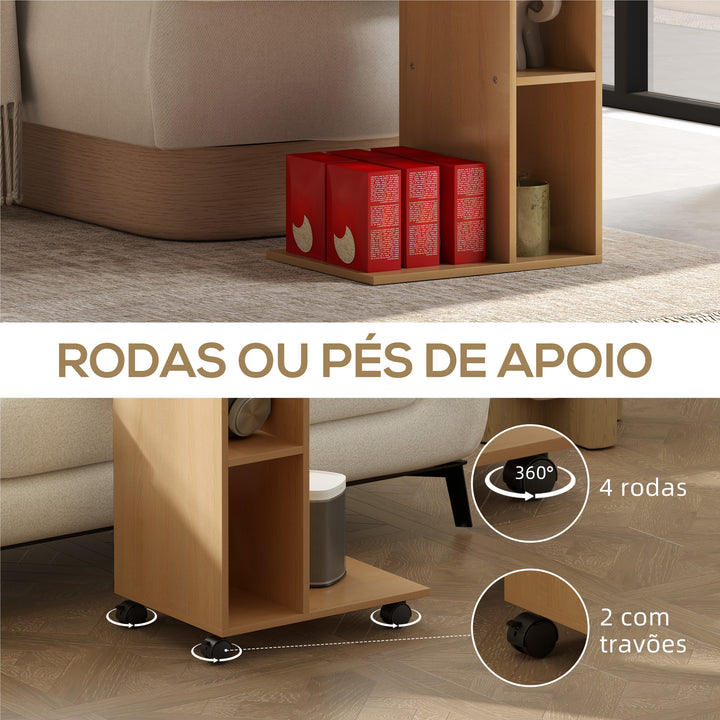Mesa Auxiliar em Forma de C Mesa Auxiliar para Sofá com Rodas Compartimentos Abertos Mesa Lateral para Sala de Estar Dormitório 40x30x69 cm Madeira