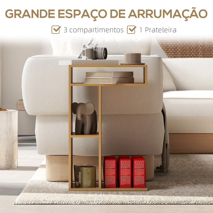 Mesa Auxiliar em Forma de C Mesa Auxiliar para Sofá com Rodas Compartimentos Abertos Mesa Lateral para Sala de Estar Dormitório 40x30x69 cm Madeira