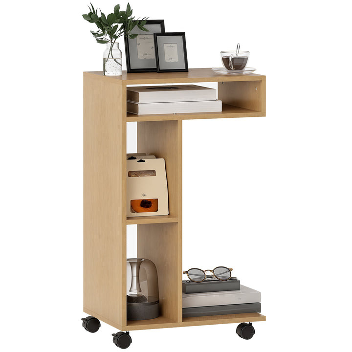 Mesa Auxiliar em Forma de C Mesa Auxiliar para Sofá com Rodas Compartimentos Abertos Mesa Lateral para Sala de Estar Dormitório 40x30x69 cm Madeira