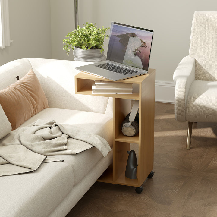 Mesa Auxiliar em Forma de C Mesa Auxiliar para Sofá com Rodas Compartimentos Abertos Mesa Lateral para Sala de Estar Dormitório 40x30x69 cm Madeira
