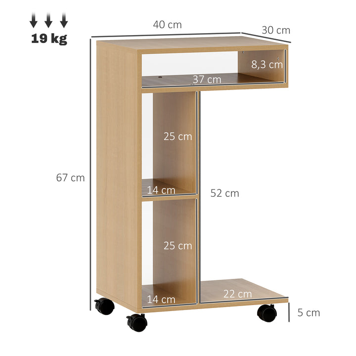 Mesa Auxiliar em Forma de C Mesa Auxiliar para Sofá com Rodas Compartimentos Abertos Mesa Lateral para Sala de Estar Dormitório 40x30x69 cm Madeira