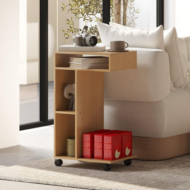 Mesa Auxiliar em Forma de C Mesa Auxiliar para Sofá com Rodas Compartimentos Abertos Mesa Lateral para Sala de Estar Dormitório 40x30x69 cm Madeira