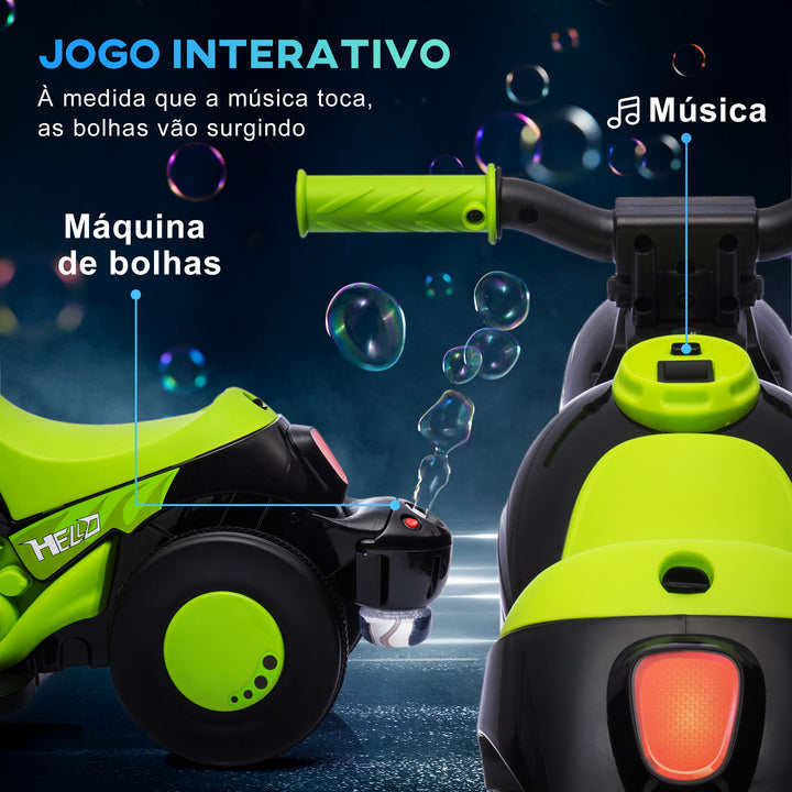Mota Elétrica para Crianças Acima de 2 Anos Mota a Bateria para Crianças 6V com Função de Fazer Bolhas Farol Música Motocicleta para Crianças com Velocidade 3km/h Carga 30 kg Verde