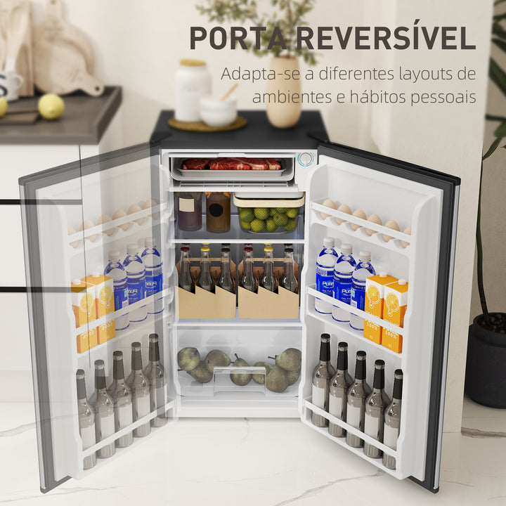 Mini Frigorífico 91L de Capacidade Frigorífico Elétrico Pequeno com Prateleira Ajustável Compartimento Congelador e Porta Reversível Silencioso 41dB 47,5x44,2x84 cm Preto e Prata