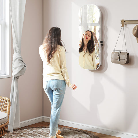 Espelho-Joalheiro com Luz LED de 3 Tons Armário para Joias Montado na Parede ou na Porta Armário com Fechadura Espelho de Corpo Inteiro, Design Ondulado Branco