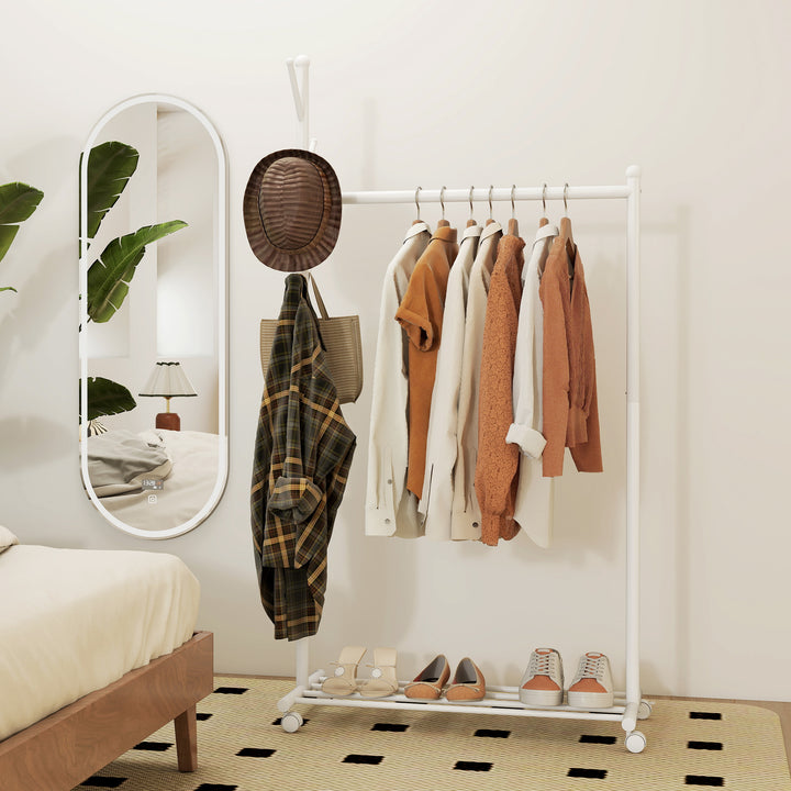 Charriot com Rodas Charriot com 5 Ganchos Barra para Pendurar e Prateleira Inferior Charriot para Dormitório Lavandaria 86x43x171 cm Branco