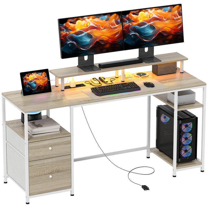 Mesa para Computador Secretária com Luzes LED Prateleiras Gavetas Plug Entrada USB e Suporte para Monitor para Escritório Estúdio 155,5x48x75,5 cm Madeira