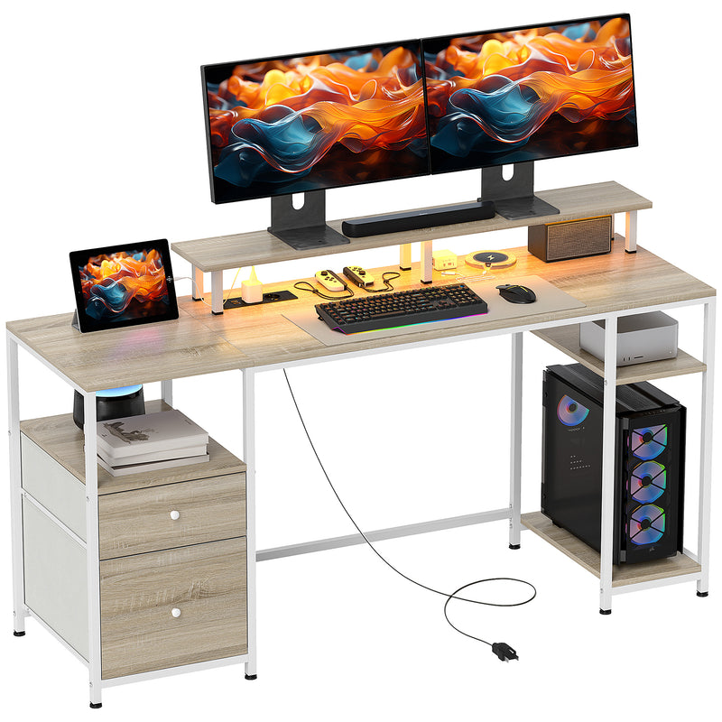 Mesa para Computador Secretária com Luzes LED Prateleiras Gavetas Plug Entrada USB e Suporte para Monitor para Escritório Estúdio 155,5x48x75,5 cm Madeira