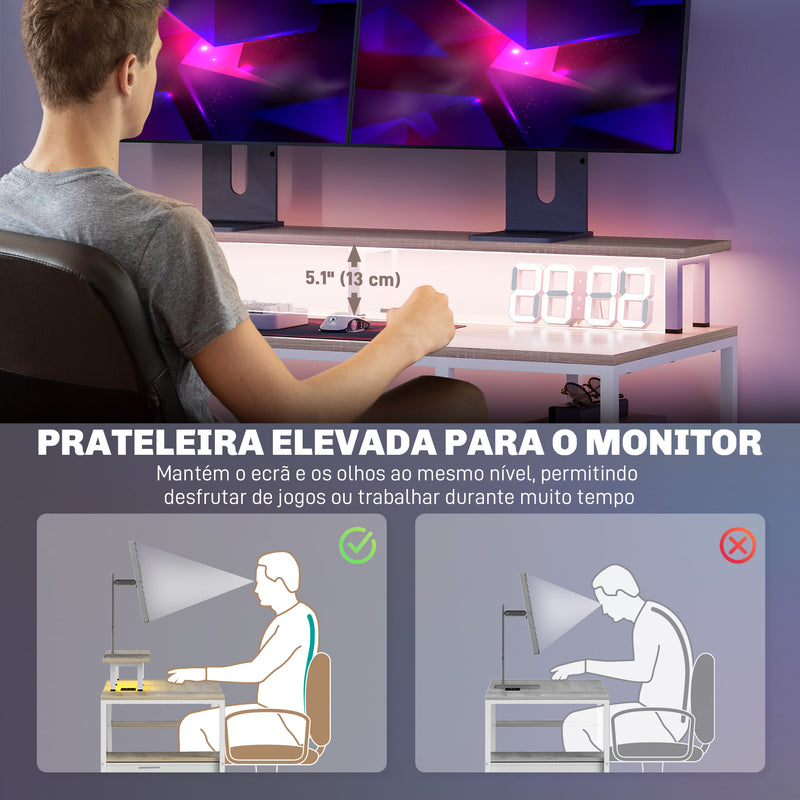 Mesa para Computador Secretária com Luzes LED Prateleiras Gavetas Plug Entrada USB e Suporte para Monitor para Escritório Estúdio 155,5x48x75,5 cm Madeira