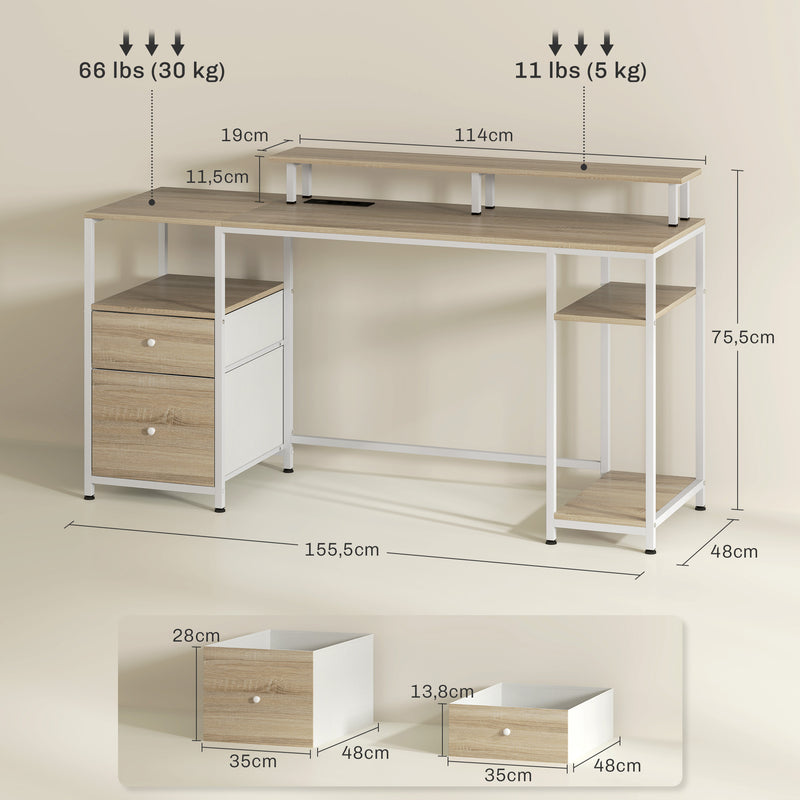 Mesa para Computador Secretária com Luzes LED Prateleiras Gavetas Plug Entrada USB e Suporte para Monitor para Escritório Estúdio 155,5x48x75,5 cm Madeira