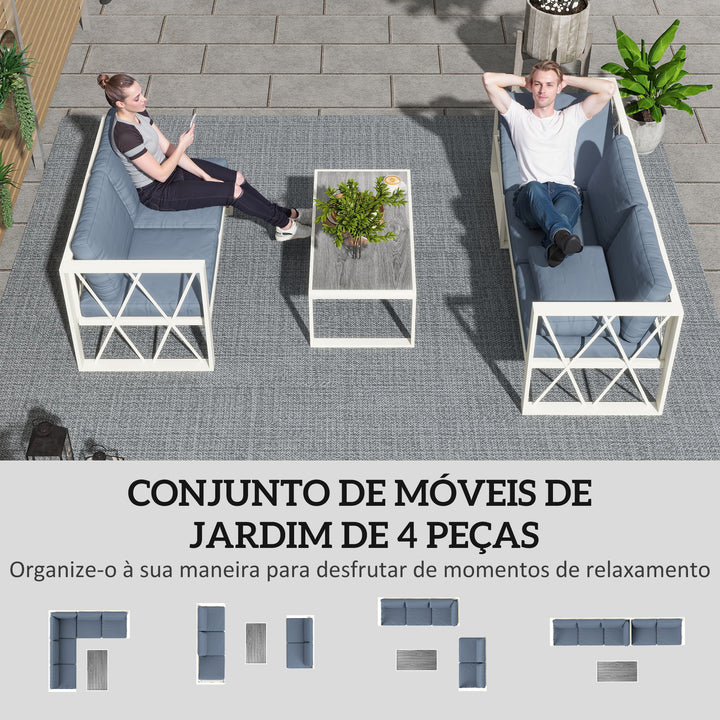 Conjunto de Jardim de 4 Peças Móveis de Exterior em Forma de L com 2 Sofás de 2 Lugares Sofá de Canto com Assento Ajustável e Mesa de Centro de DPC com Almofadas Bege e Cinza