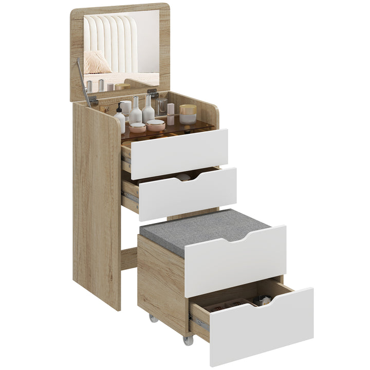 Toucador de Maquilhagem 3 em 1 com Espelho Rebatível e Banco Oculto Mesa de Maquilhagem de Vidro Visível com 3 Gavetas e Banco Acolchoado para Espaços Reduzidos Vestidor, Carvalho e Branco