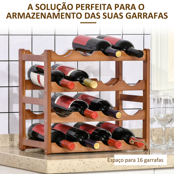 Suporte para 16 Garrafas de Bambu Prateleira para Garrafas de Vinho de 4 Níveis para Cozinha Sala de Jantar Bar Carga Máxima 75kg 43x23,5x38cm Marrom