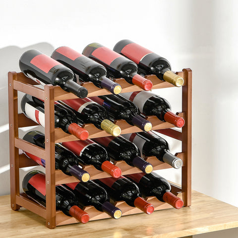 Suporte para 16 Garrafas de Bambu Prateleira para Garrafas de Vinho de 4 Níveis para Cozinha Sala de Jantar Bar Carga Máxima 75kg 43x23,5x38cm Marrom