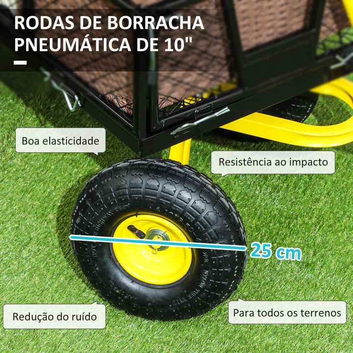 Carrinho de Jardim Carga 200 kg Carrinho de Praia com Paineis Laterais Desmontáveis Guiador Giratório 180° e 4 Rodas Grandes de Borracha Preto e Amarelo