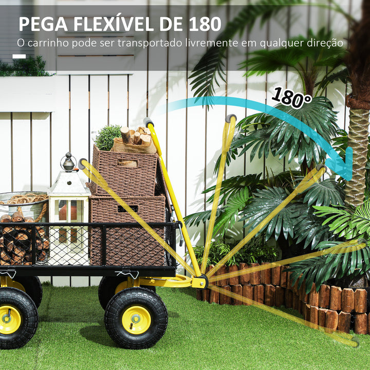 Carrinho de Jardim Carga 200 kg Carrinho de Praia com Paineis Laterais Desmontáveis Guiador Giratório 180° e 4 Rodas Grandes de Borracha Preto e Amarelo