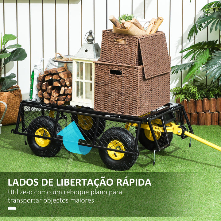 Carrinho de Jardim Carga 200 kg Carrinho de Praia com Paineis Laterais Desmontáveis Guiador Giratório 180° e 4 Rodas Grandes de Borracha Preto e Amarelo