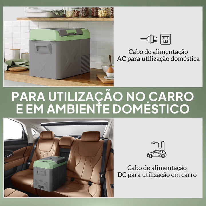 Geleira Portátil Elétrica 24,2L Geleira para Carro -20? a +20 ? 12V/24V Mini Geleira com Rodas Compressor e Ecrã LED Tátil para Casa Campismo Viagens 60,2x33,4x41,4 cm Cinza e Verde