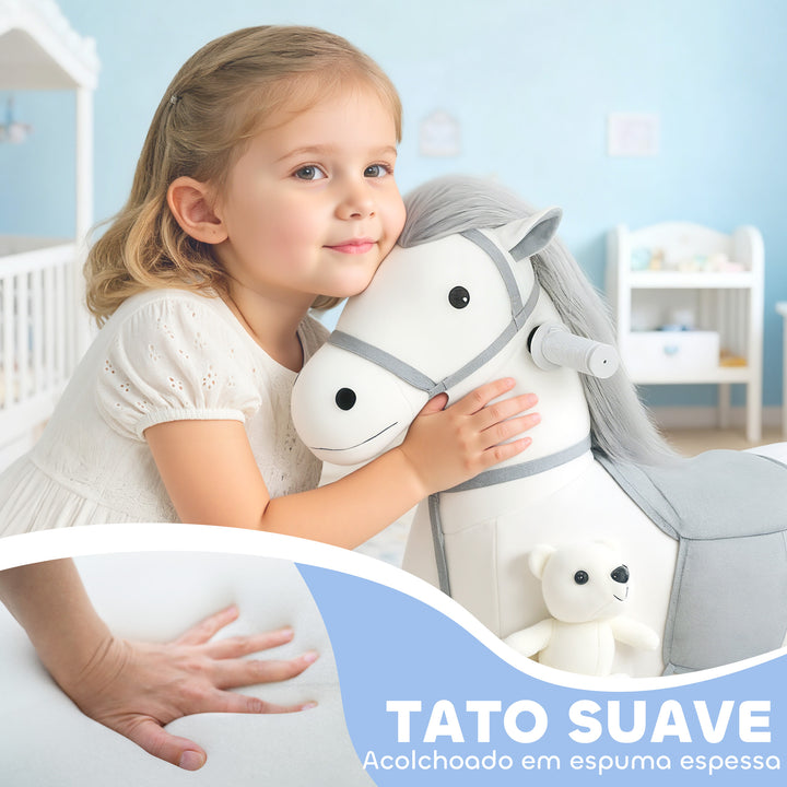 Cavalo Elétrico com Música Bateria 6V Brinquedo Elétrico Toque Suave Rodas Silenciosas de PU Movimento para a Frente Prenda para Crianças dos 1,5 aos 5 Anos 74x34x51 cm Branco
