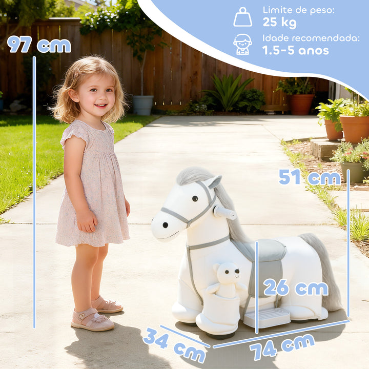 Cavalo Elétrico com Música Bateria 6V Brinquedo Elétrico Toque Suave Rodas Silenciosas de PU Movimento para a Frente Prenda para Crianças dos 1,5 aos 5 Anos 74x34x51 cm Branco