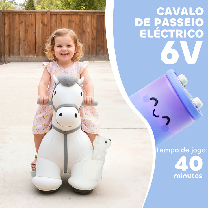 Cavalo Elétrico com Música Bateria 6V Brinquedo Elétrico Toque Suave Rodas Silenciosas de PU Movimento para a Frente Prenda para Crianças dos 1,5 aos 5 Anos 74x34x51 cm Branco