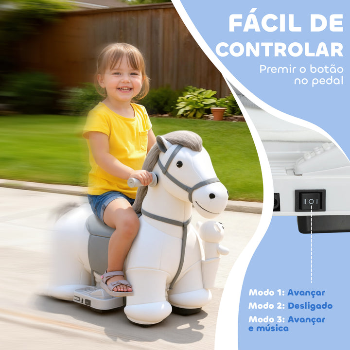 Cavalo Elétrico com Música Bateria 6V Brinquedo Elétrico Toque Suave Rodas Silenciosas de PU Movimento para a Frente Prenda para Crianças dos 1,5 aos 5 Anos 74x34x51 cm Branco