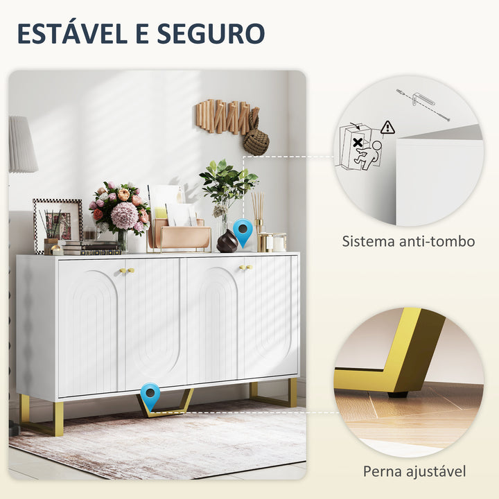 Aparador de 4 Portas Aparador Moderno para Sala de Estar com Prateleiras Ajustáveis e Pés Dourados para Sala de Jantar Entrada Móvel para TV até 65 Polegadas 140,8x35x77,5 cm Branco