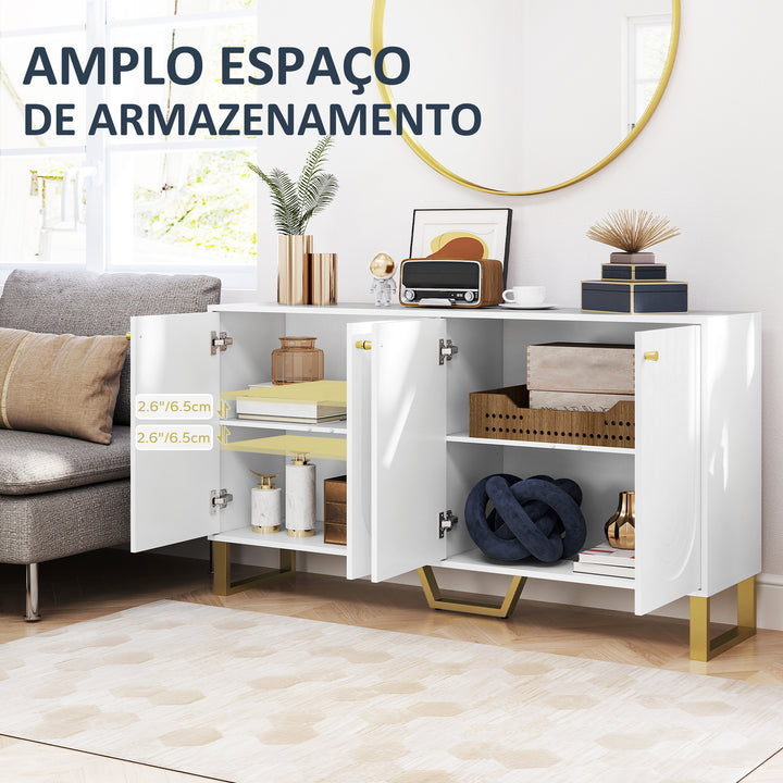 Aparador de 4 Portas Aparador Moderno para Sala de Estar com Prateleiras Ajustáveis e Pés Dourados para Sala de Jantar Entrada Móvel para TV até 65 Polegadas 140,8x35x77,5 cm Branco